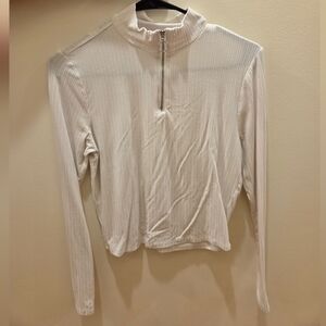 White Ribbed Half-Zip Top